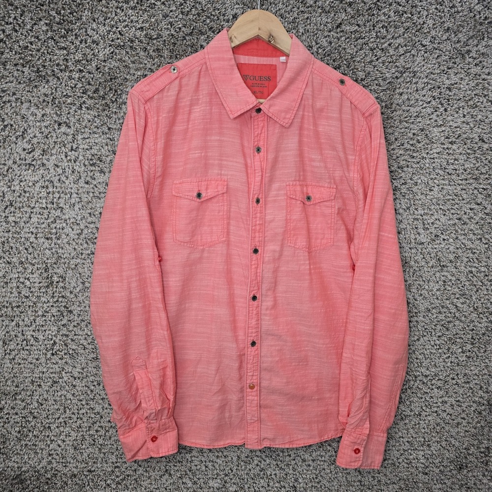 Guess Shirt Mens‎ XL Red Button Up Pockets Roll Tab Long Sleeve Regular Fit